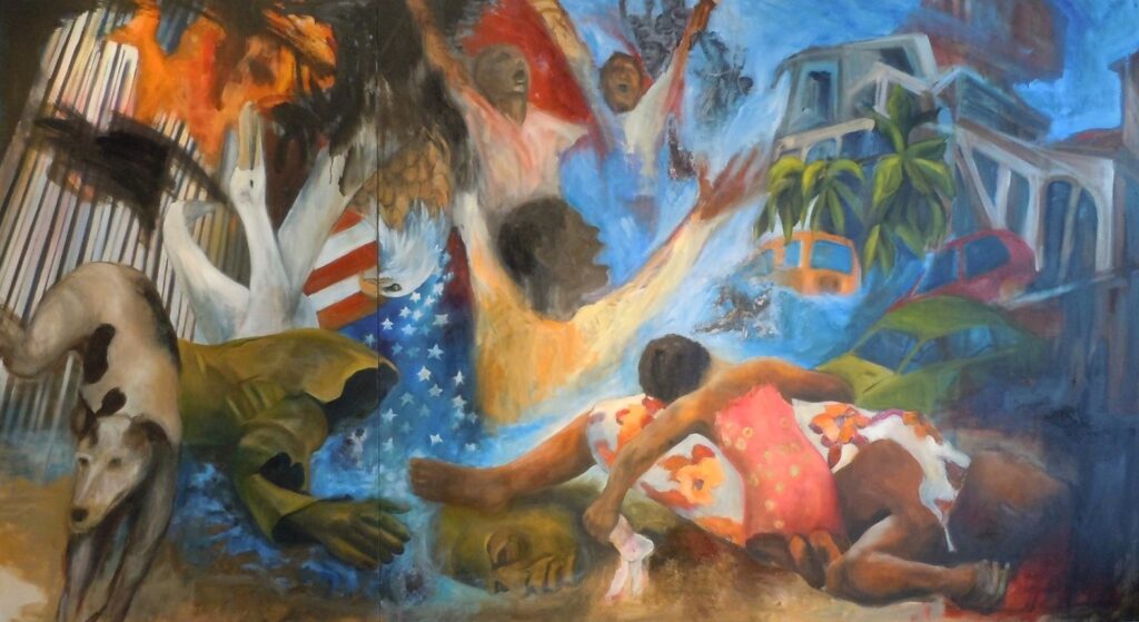 Peinture représentant les twin towers en feu, un tsunami, des hommes en colère, la statue de Sadam Hussein déboulonnée et une femme morte avec son enfant.