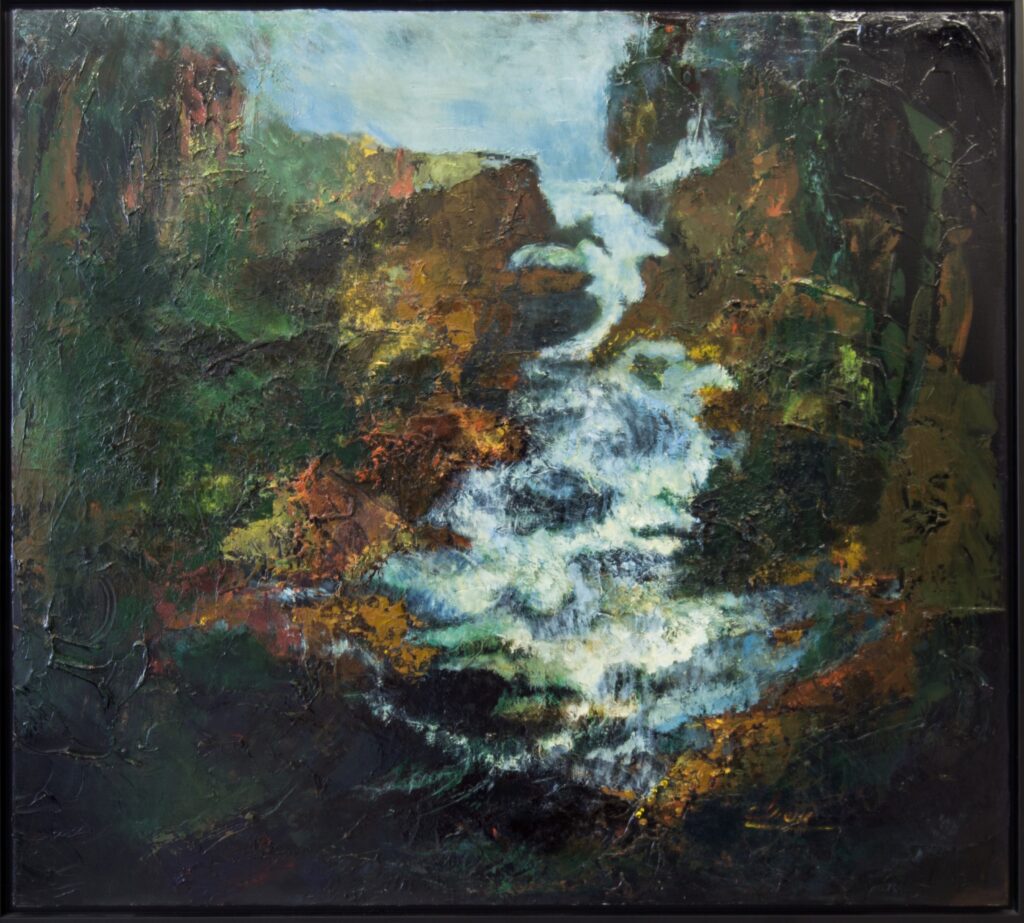 Peinture représentant une cascade dans un paysage rocheux.